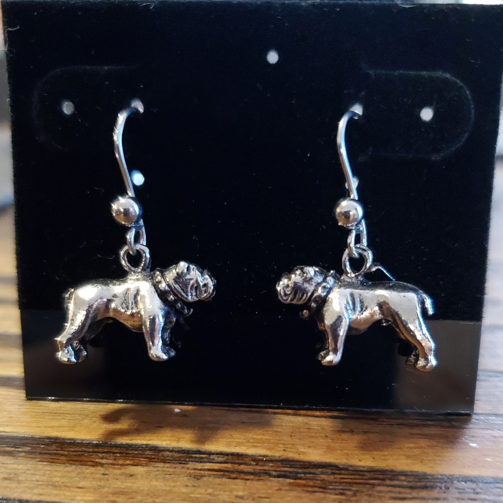 Bulldog Silvertone Earrings NWT